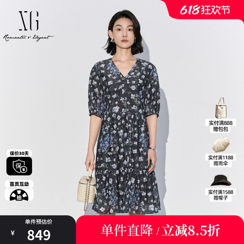 XG/雪歌XL204051BE93花版棉感短袖连衣裙V领收腰包臀鱼尾中裙女装