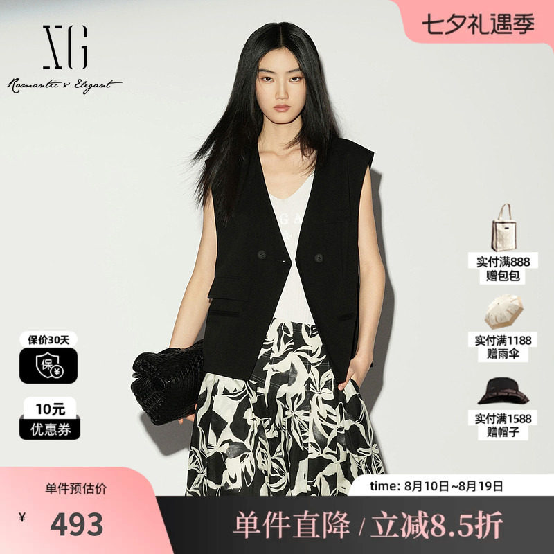 XG/雪歌XL224002A290黑色V领无袖西装马甲直筒薄款搭配外穿马夹女