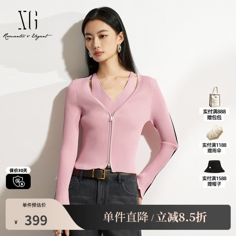 XG/雪歌XK111503A816 黑粉色假两件针织衫修身显瘦套头长袖毛衣女