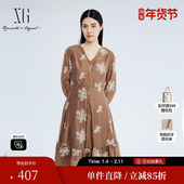 新款 印花A字裙女 时尚 秋季 雪歌XJ304012B133咖色七分袖 连衣裙