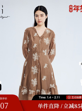 XG/雪歌XJ304012B133咖色七分袖连衣裙 时尚秋季新款印花A字裙女