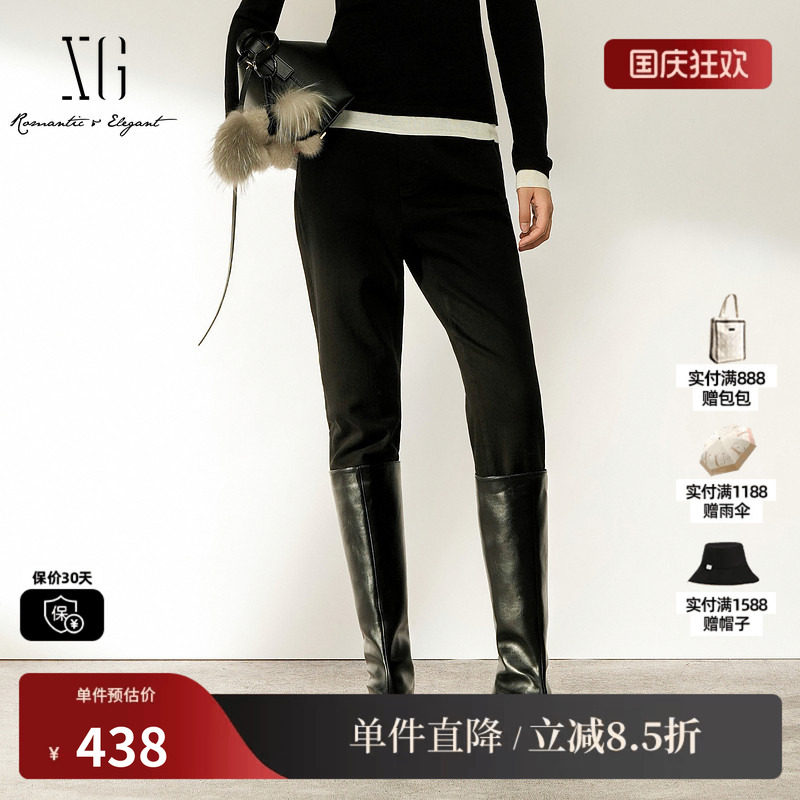 XG/雪歌 XL402027A490黑色棉感直筒修身牛仔裤高腰铅笔小脚长裤女