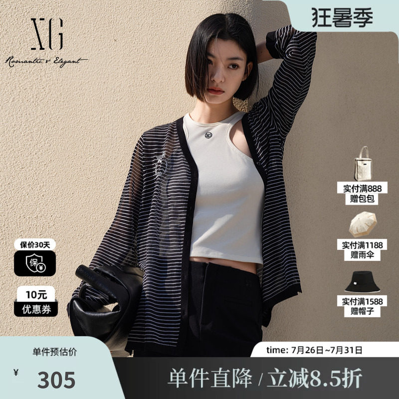 XG/雪歌XL111003B599条纹V领长袖针织开衫黑色印花薄款收腰打底女