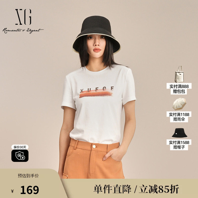 XG/雪歌XK201004A551白色薄款印花短袖T恤2025夏季新款纯棉上衣女