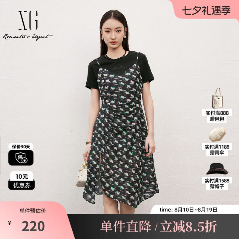 XG雪歌XJ204013B697两件套短袖连衣裙时尚夏季新款不规则吊带裙女