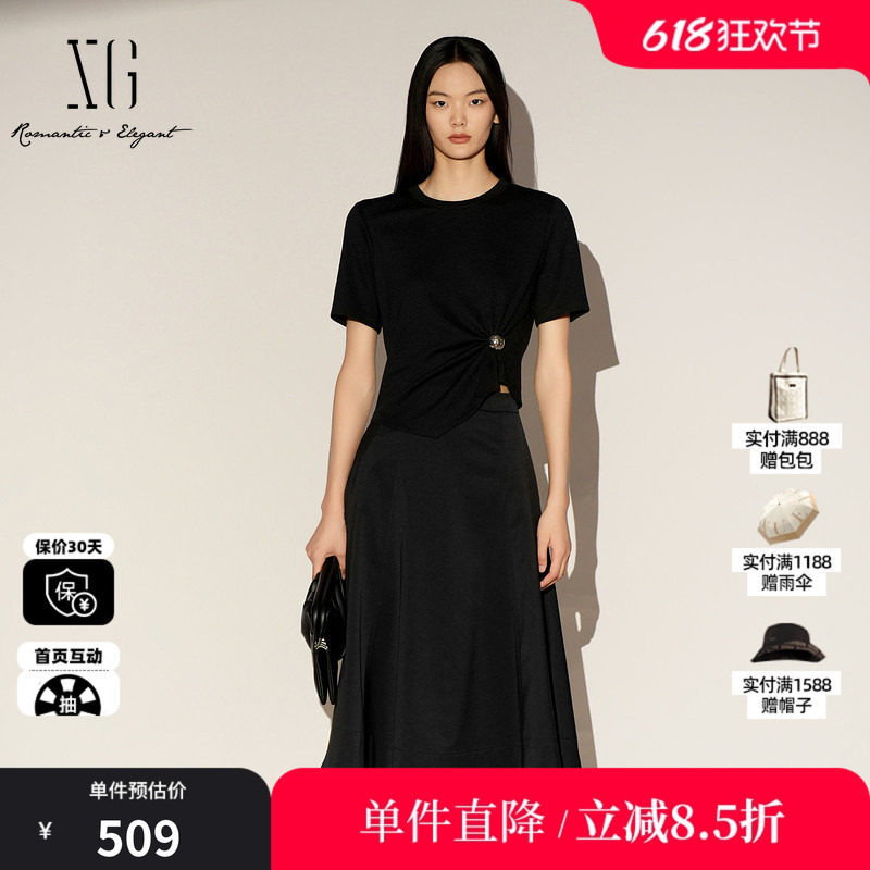 XG/雪歌XL104018A590黑色圆领T恤拼接连衣裙短袖显瘦中长伞裙女装