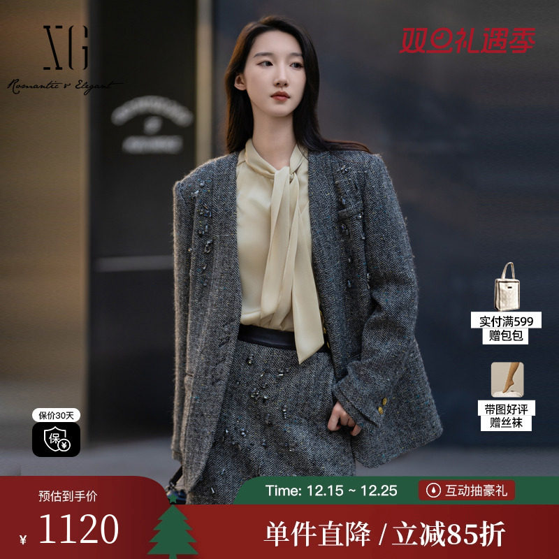 XG/雪歌XK407007A383绵羊毛休闲西装2025冬季新款长袖亚麻外套女