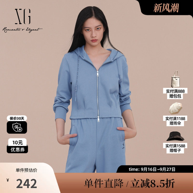 XG/雪歌XK107020A327 棉感连帽卫衣外套拉链休闲运动蓝色短外套女