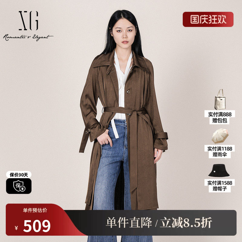 XG/雪歌XL108008A409 咖色直筒中长风衣衬衫领垂感高级休闲外套女