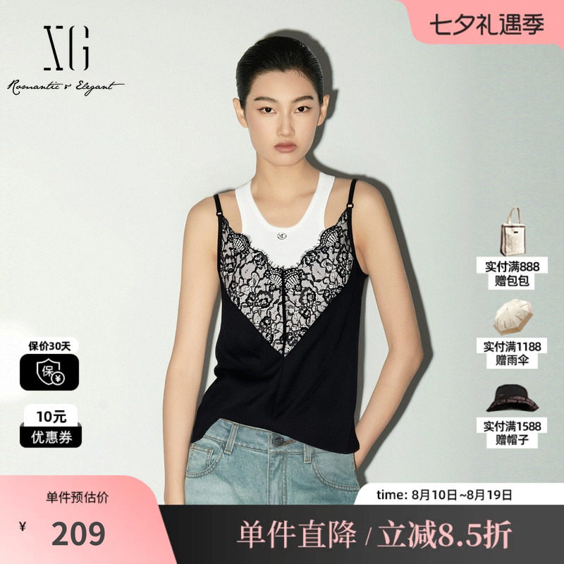 XG/雪歌XL125001B190假两件蕾丝拼接背心修身显瘦搭配微透吊带女