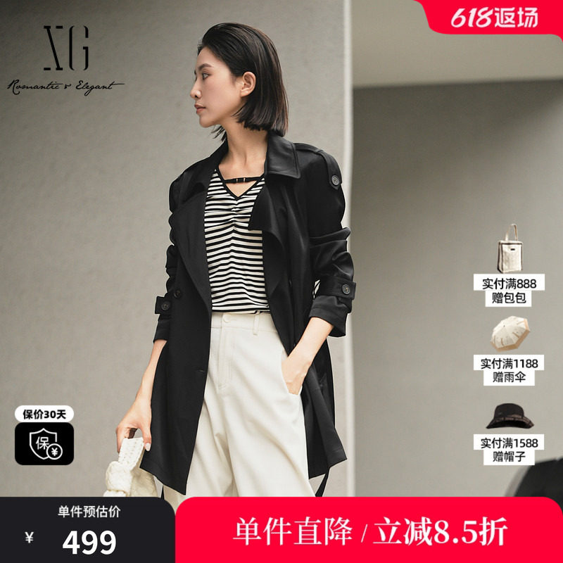 XG/雪歌XK308012A290黑色休闲风衣2025秋季新款中长款长袖外套女