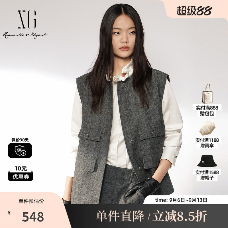 XG/雪歌 XL424001B182灰色羊毛混纺西装斜纹圆领无袖马夹外套女装
