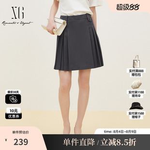 XG/雪歌XK203030A983灰色百褶半身裙腰袢A字直筒休闲拉链中裙女装