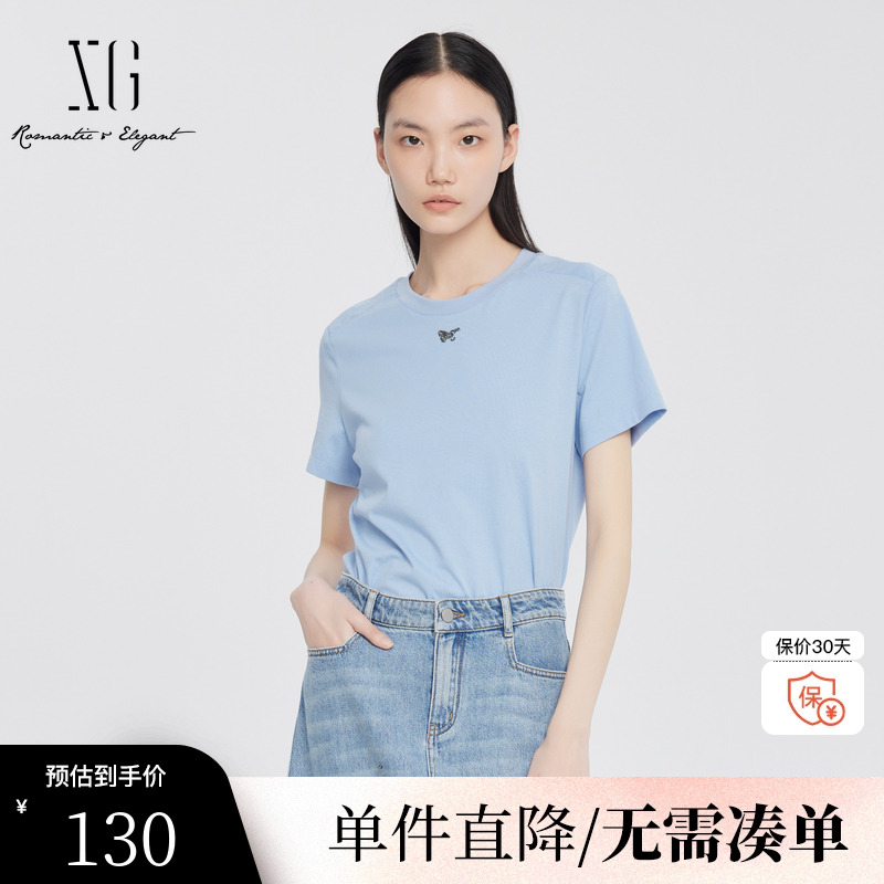 XG/雪歌XJ201035A422钉珠蓝色T恤2025夏季新款套头短袖修身上衣女