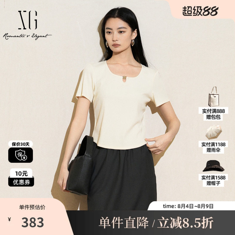 XG/雪歌XL201008A591米白色圆领镂空短袖T恤修身百搭薄款上衣女装