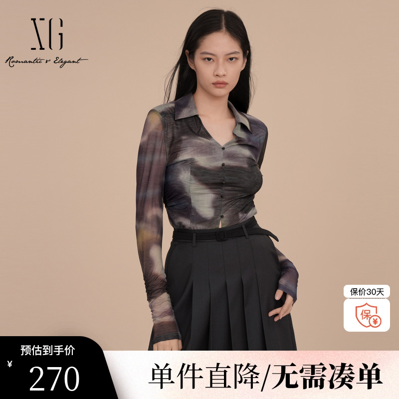 XG/雪歌XK121016B596拼色长袖修身衬衫2025春季新款淑女风上衣女