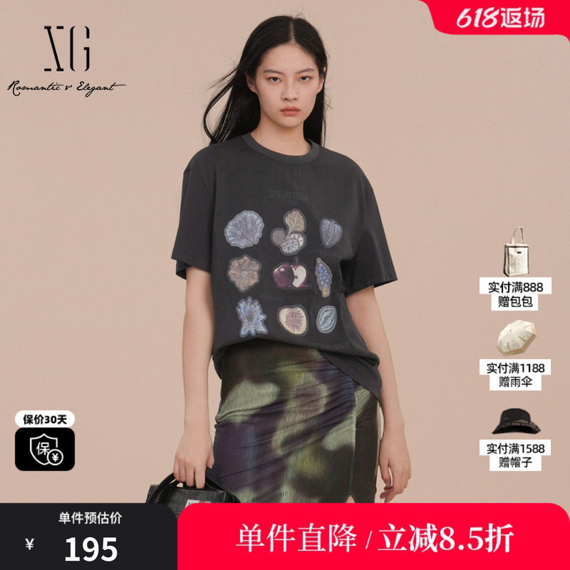 XG/雪歌XK101009A583深灰色印花短袖T恤2025春季新款纯棉上衣女装