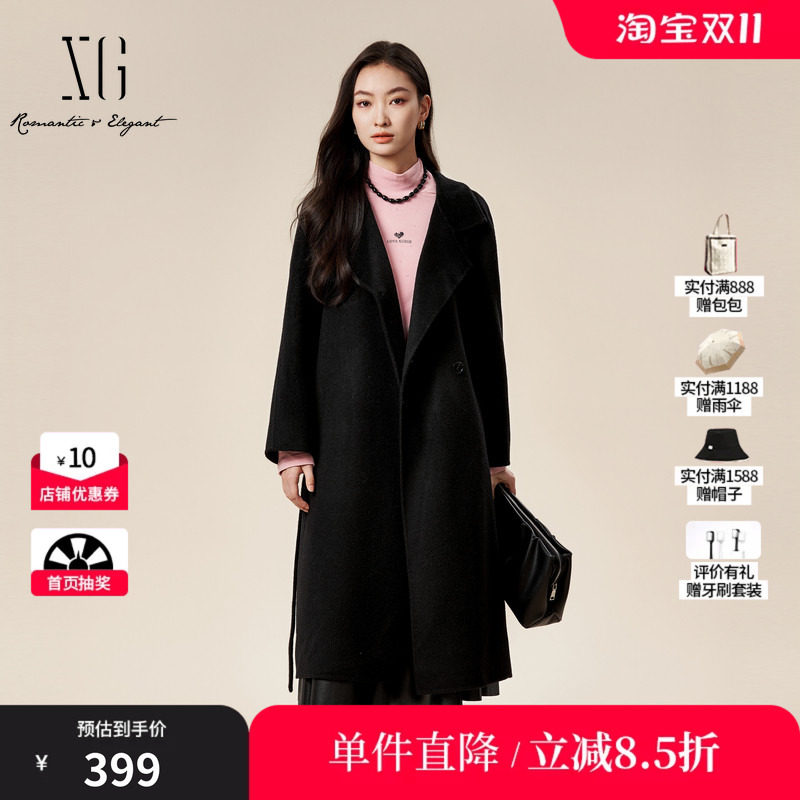 XG雪歌XK410821A890黑色长袖毛呢外套时尚冬季新款纯绵羊毛大衣女