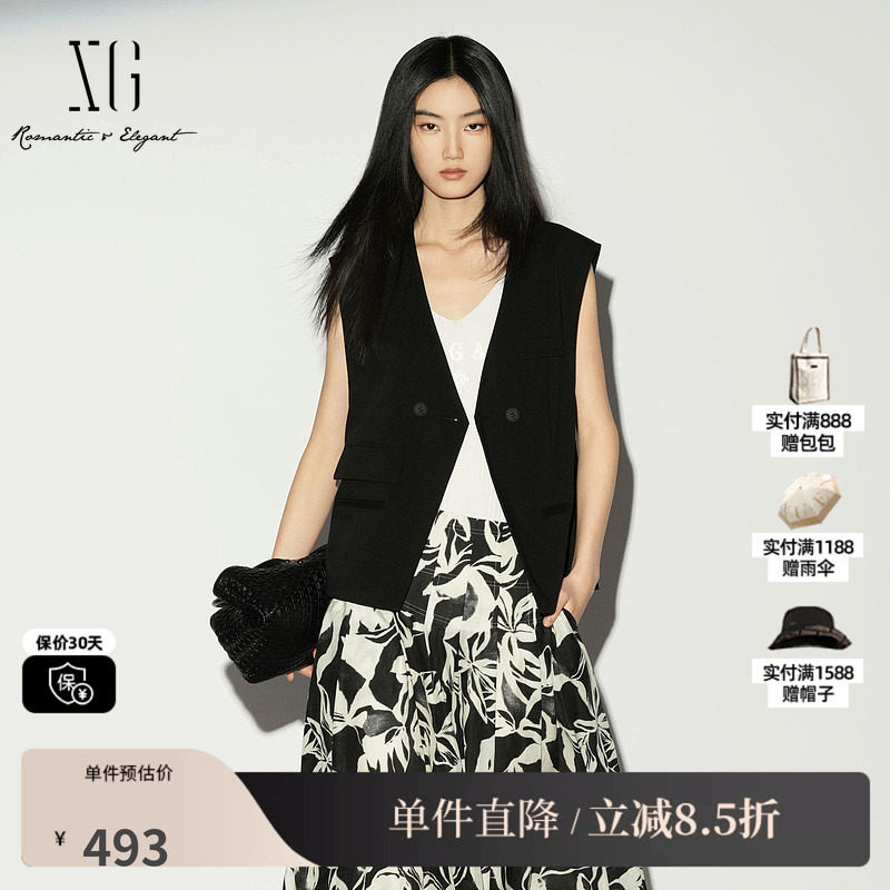 XG/雪歌XL224002A290黑色V领无袖西装马甲直筒薄款搭配外穿马夹女
