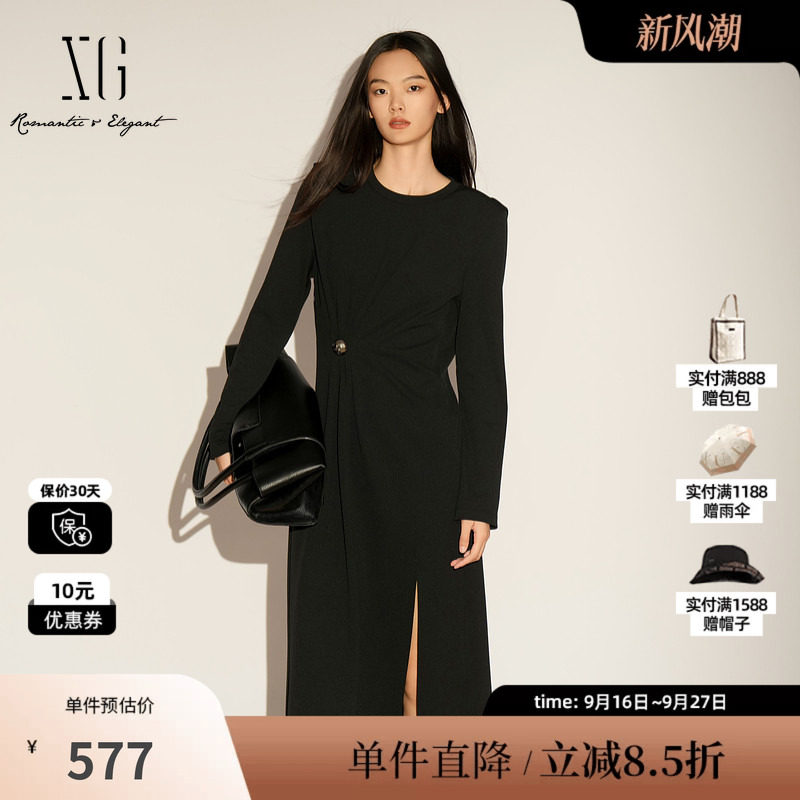 XG/雪歌XL104017A190黑色长袖连衣裙2026春季新款褶皱中长裙女装