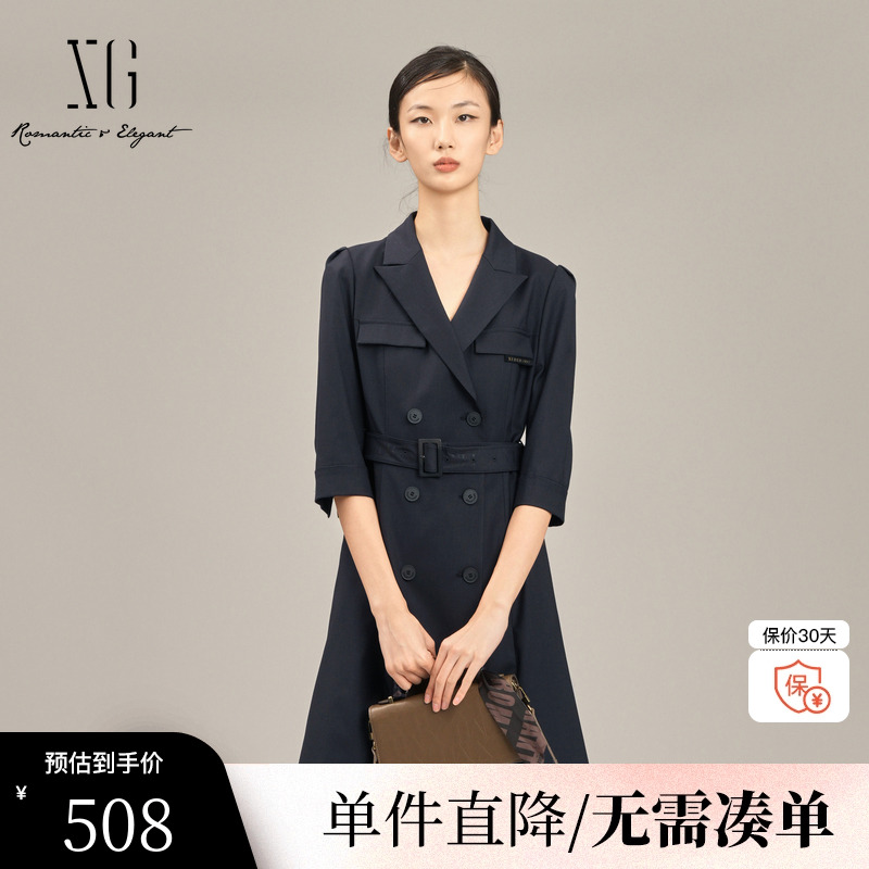 XG/雪歌XK104008A490黑色长袖连衣裙2025春季新款翻领西装短裙女