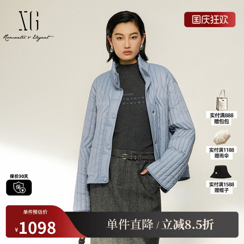 XG/雪歌 XL406005A127灰蓝色立领白鸭绒羽绒服外套休闲直筒保暖女