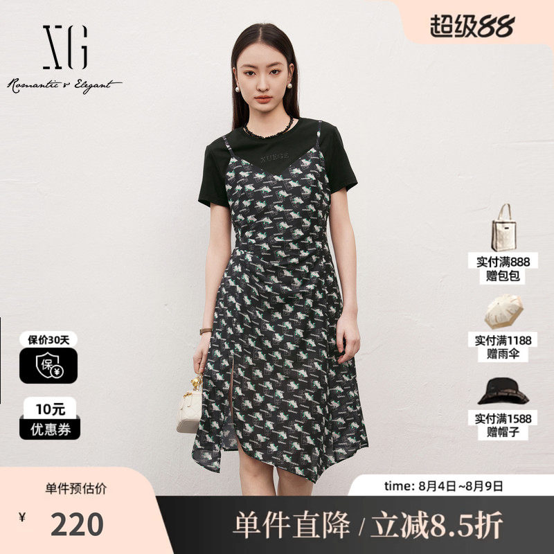 XG雪歌XJ204013B697两件套短袖连衣裙时尚夏季新款不规则吊带裙女