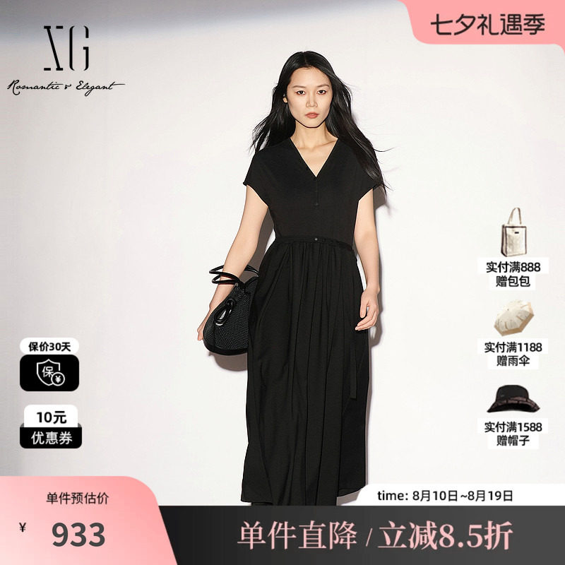 XG/雪歌 XL204020A290黑色V领短袖连衣裙配腰带衬衫领薄A字伞裙女