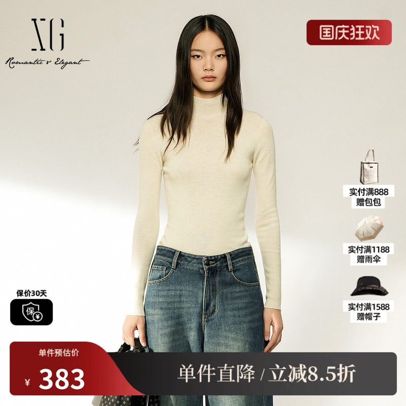 XG/雪歌 XL411041A191米白色100%绵羊毛高领针织衫修身打底毛衣女