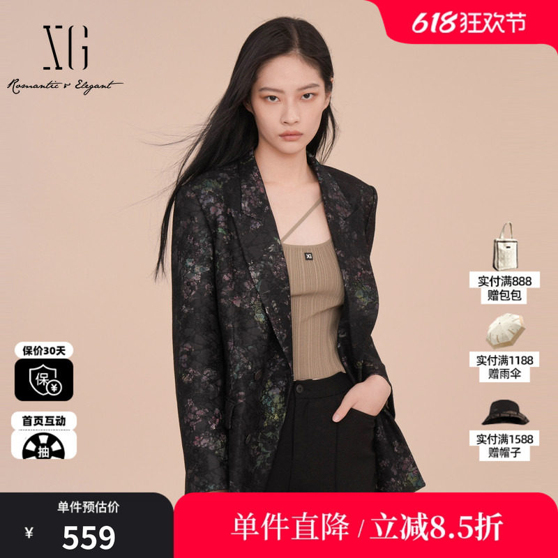 XG雪歌XK107002B193碎花休闲西装2025春季新款蕾丝拼接长袖外套女