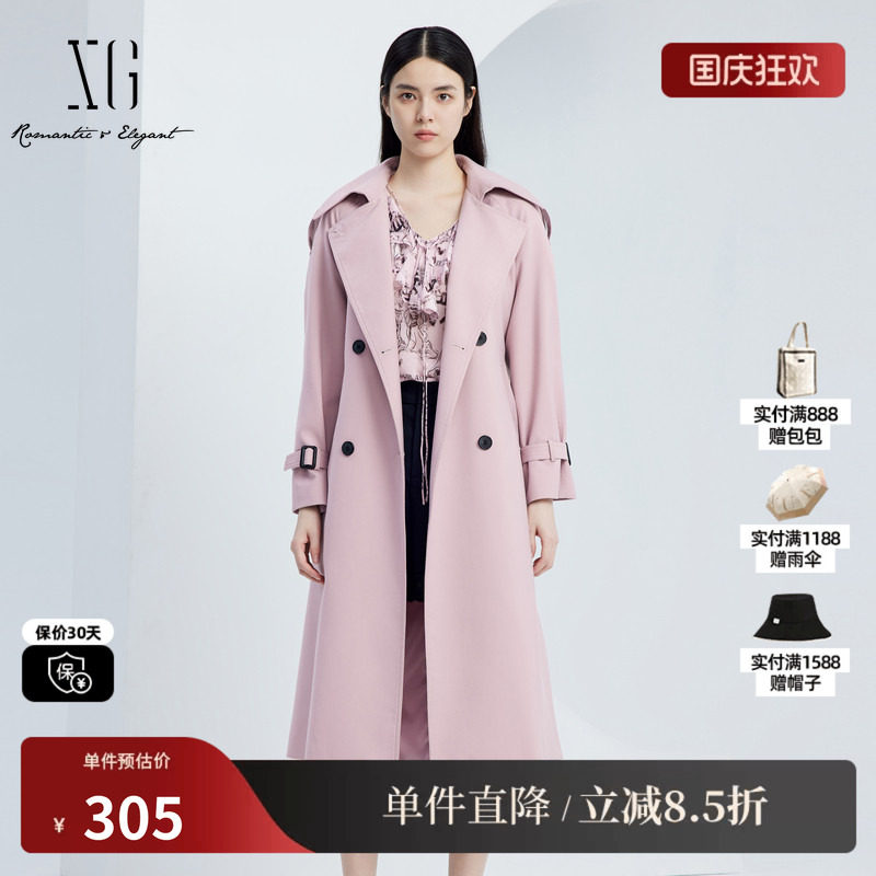 XG/雪歌XJ308002A216粉色翻领长款风衣时尚秋季新款双排扣外套女