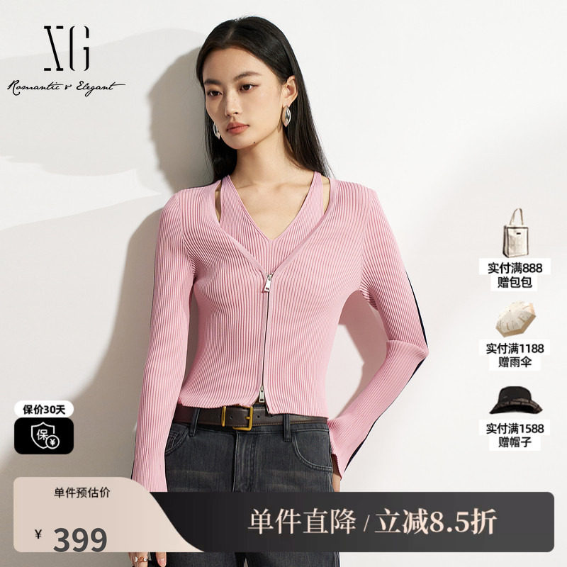 XG/雪歌XK111503A816 黑粉色假两件针织衫修身显瘦套头长袖毛衣女