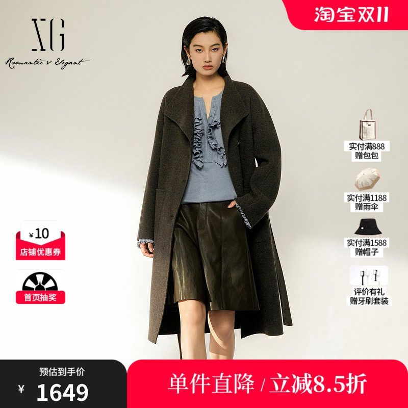 XG/雪歌 XL410009A574棕色100%绵羊毛翻领中长毛呢外套保暖大衣女