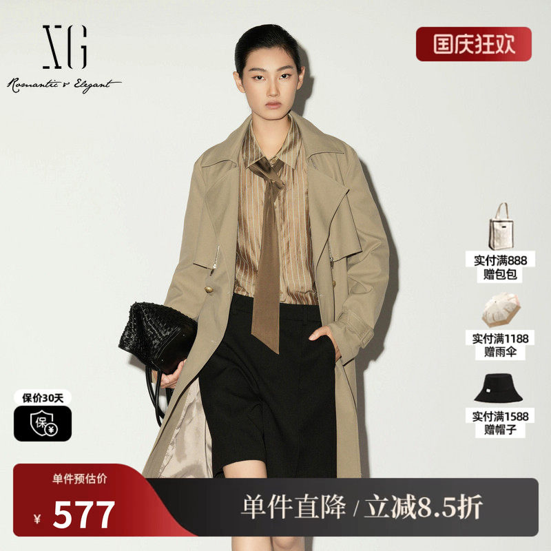 XG/雪歌XL108005A209双排扣中长风衣直筒拉链宽松腰带显瘦外套女