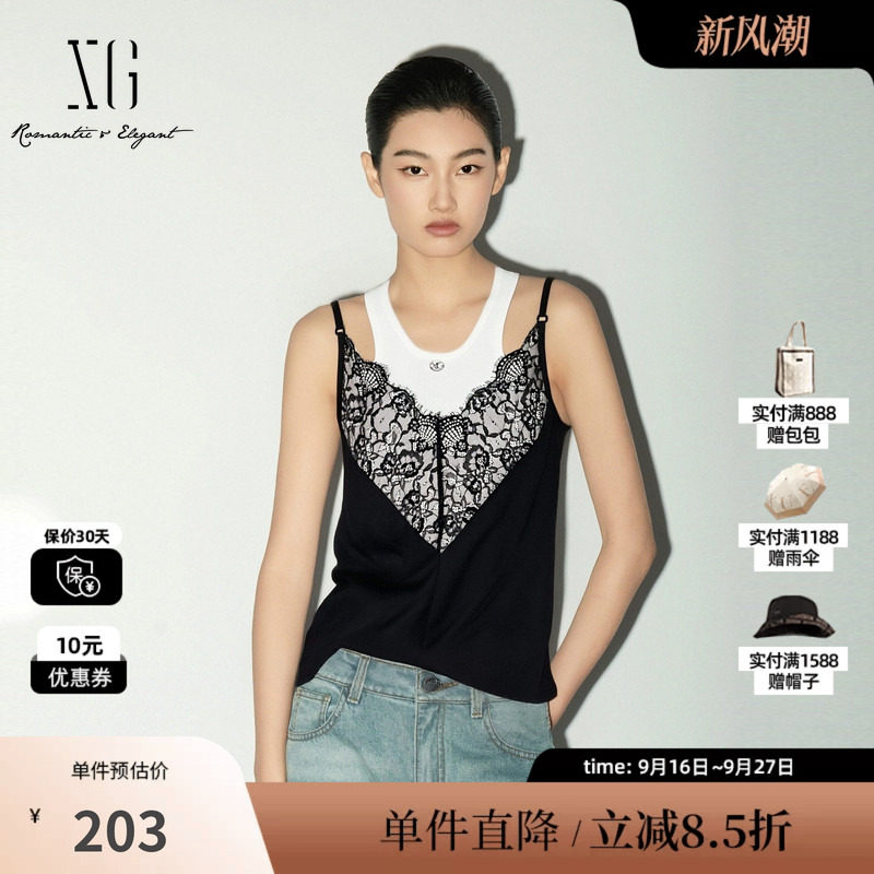XG/雪歌XL125001B190假两件蕾丝拼接背心修身显瘦搭配微透吊带女