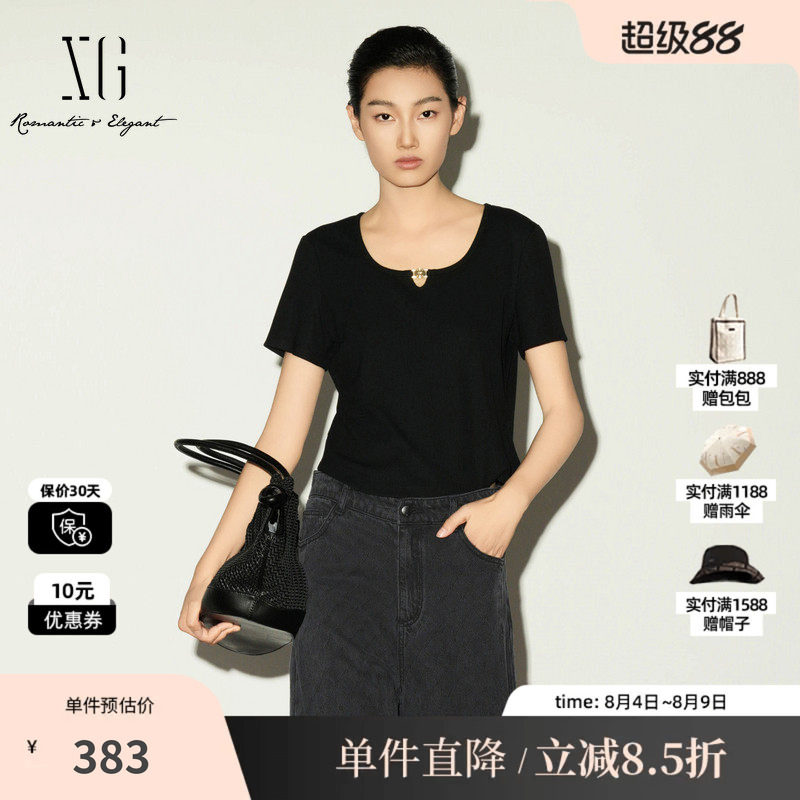 XG/雪歌XL201007A590黑色圆领镂空短袖T恤修身百搭薄款短上衣女装