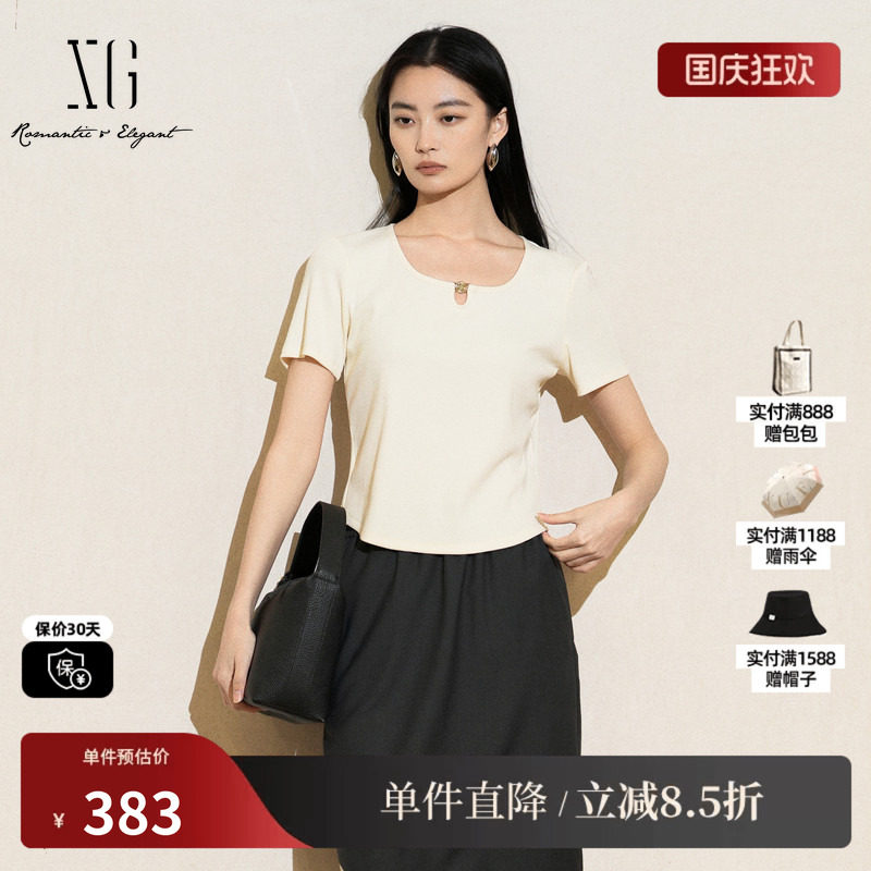 XG/雪歌XL201008A591米白色圆领镂空短袖T恤修身百搭薄款上衣女装