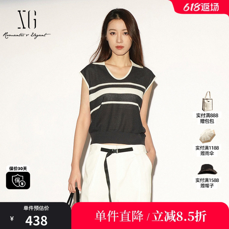XG/雪歌XL211034B999 黑白条纹polo领无袖针织衫直筒螺纹收腰薄女