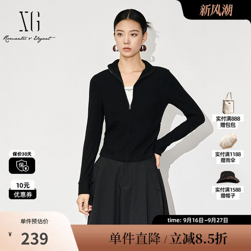 XG/雪歌XL401607B890拼接设计长袖T恤2025冬季新款黑色修身上衣女