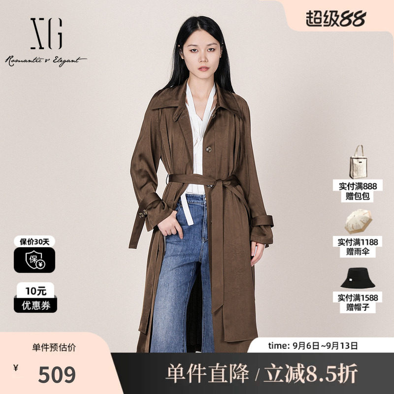 XG/雪歌XL108008A409 咖色直筒中长风衣衬衫领垂感高级休闲外套女