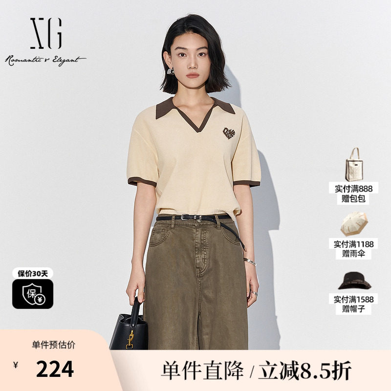 XG/雪歌XK211020A291短袖毛针织衫2025夏季新款米白色套头毛衫女