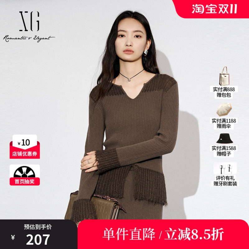 XG雪歌XL311803A844长袖毛针织衫2025秋季新款纯棉羊毛拼接毛衫女