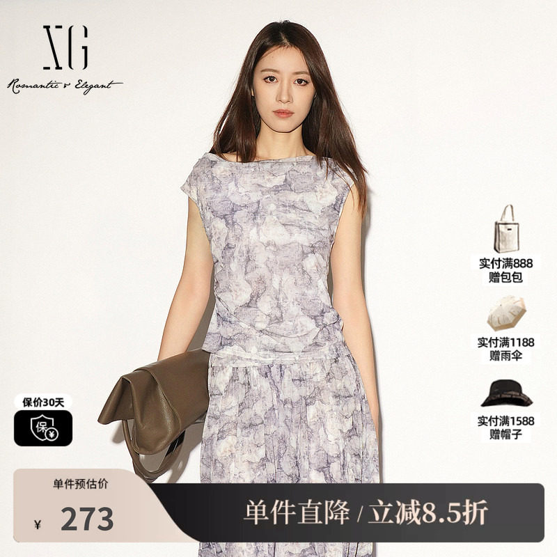 XG/雪歌XL201034BE96花版荡领无袖T恤印花修身不规则薄款上衣女装
