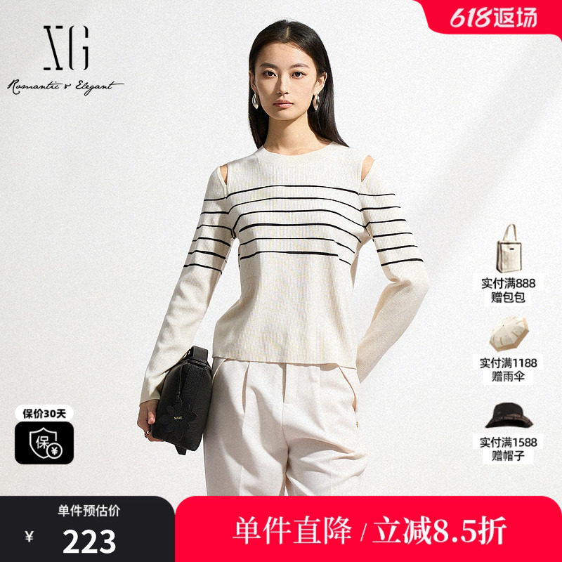 XG/雪歌XK111018B199 黑白露肩设计条纹针织衫长袖修身套头毛衫女