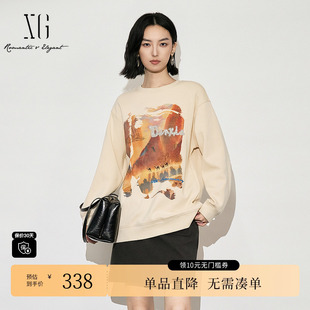 宽松套头上衣女装 新款 卫衣2025冬季 雪歌XK401002B351印花长袖