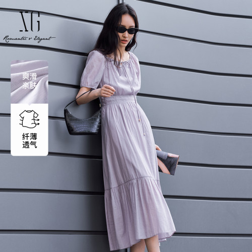 XG雪歌XL204845A801薄款短袖连衣裙2025夏季新款系带方领中长裙女