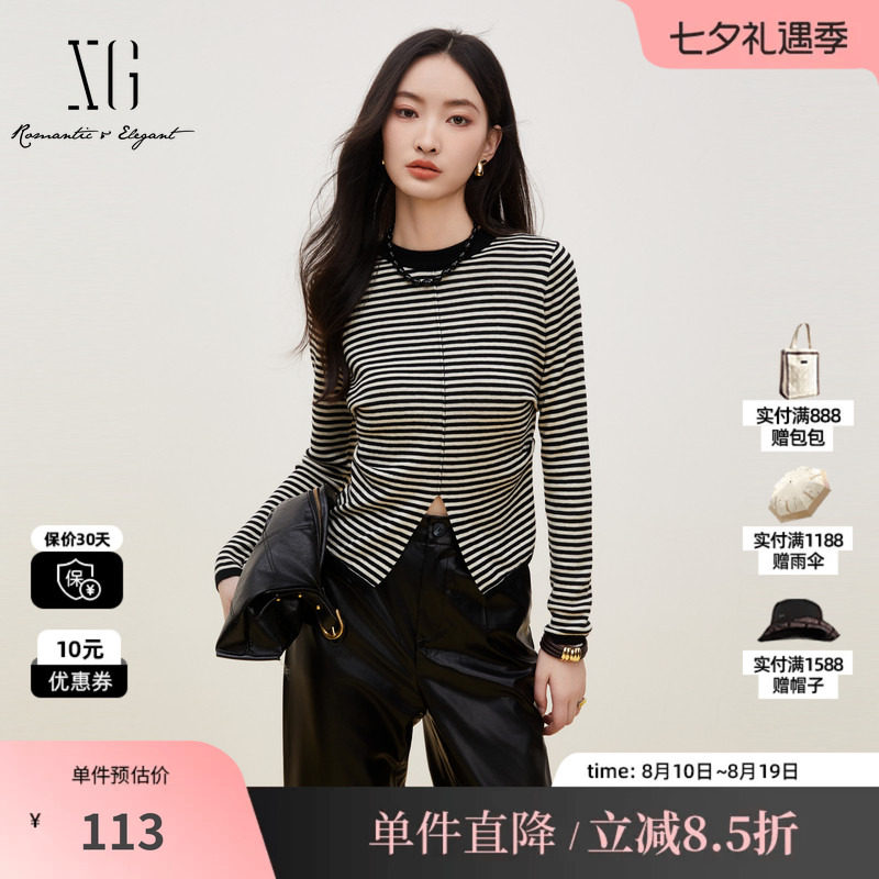 XG雪歌XK311683B899条纹毛针织衫时尚秋季新款开叉设计长袖上衣女