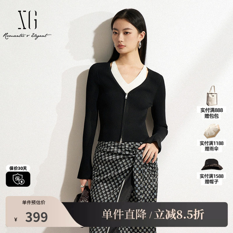 XG/雪歌XK111502A890 黑白色假两件针织衫修身显瘦套头长袖毛衣女