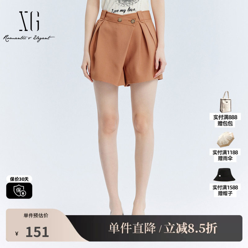 XG/雪歌XJ302001A133桔黄色休闲裤时尚秋季新款压褶直筒短裤女装