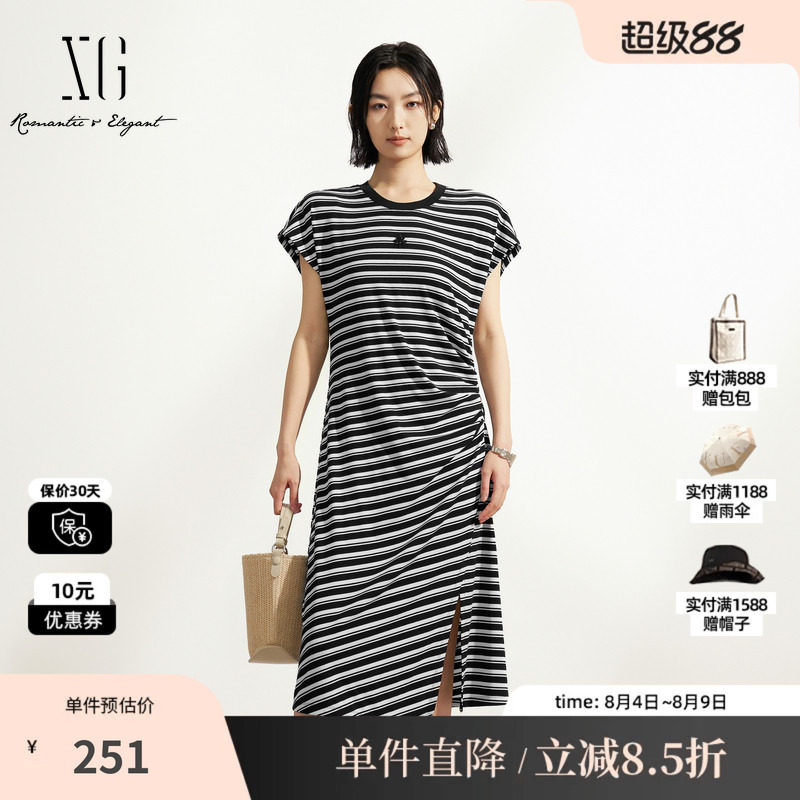 XG/雪歌XM204532B899黑白条纹短袖T恤连衣裙收腰不规则中长裙女装